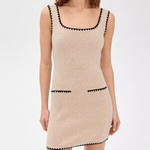 Isabelle Regenerative Wool Embroidered Reformation Tan Dress with Black Trim